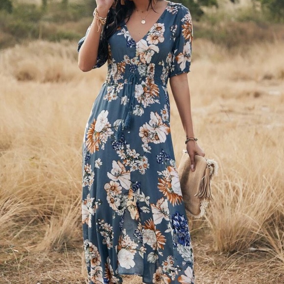 boho floral print v neck slit black midi dress - Picture 2 of 11